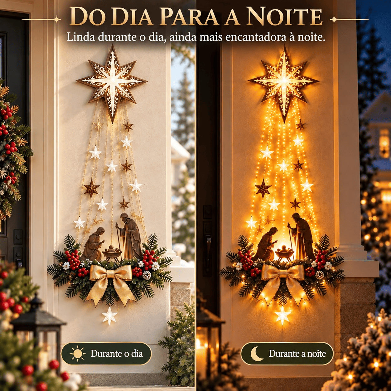 Presépio Estrela de Belém na parede, com comparação entre a aparência durante o dia e iluminado à noite